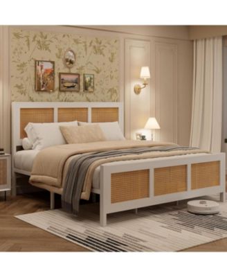 Rattan Bed Frame with Headboard, Boho Full Size Bed Frame with Strong Metal Slats Support, No Box Spring Needed, Noise-Free Design