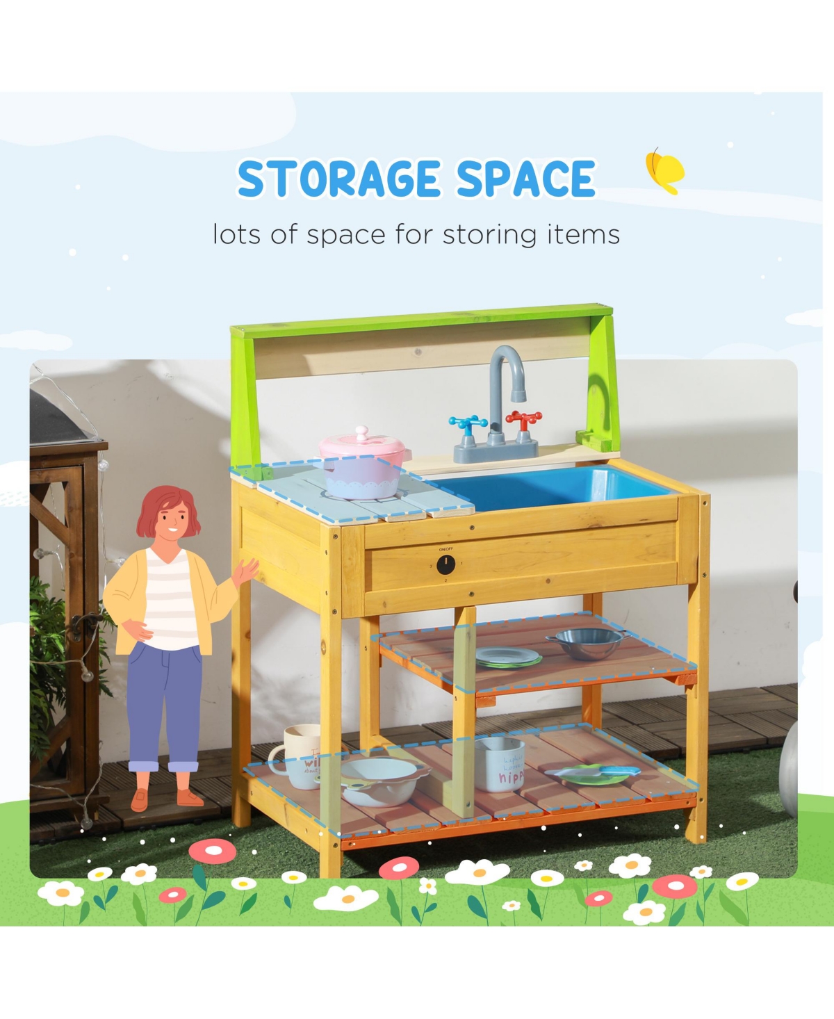 Hongge Outdoor Kids Mud Kitchen with Sink and Storage Shelves