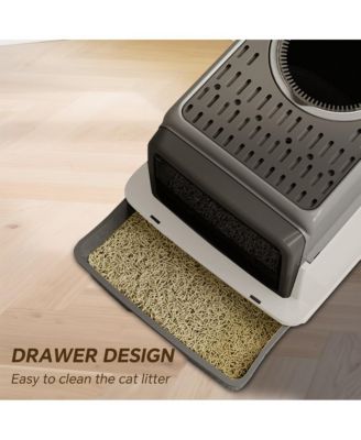 3-in-1 Modern Cat Litter Box with Hood, Tray & Mat, Grey