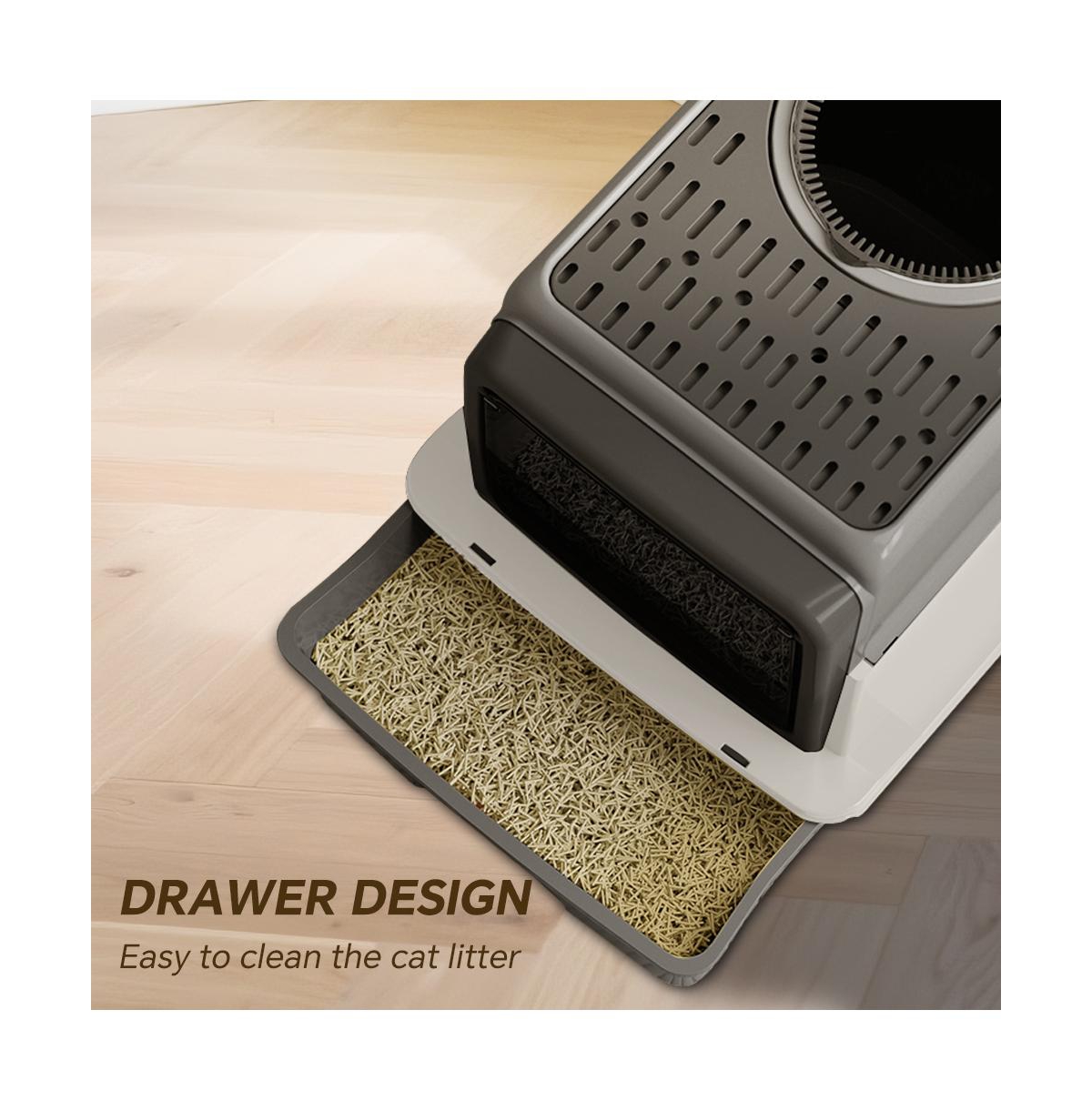 Aostirmotor 3-in-1 Modern Cat Litter Box with Hood, Tray & Mat, Grey