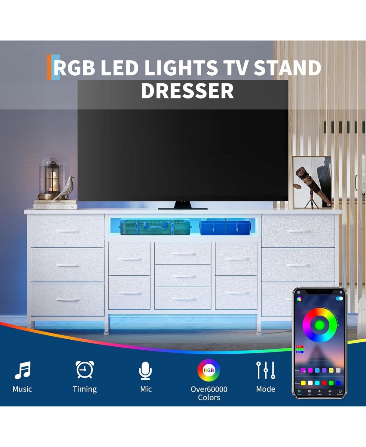 gaomon 70 Inch Long Dresser with 13 Drawers, Tv Stand for 65-80 Charging Station Led Lights, Fabric Storage Organizer Bedroom