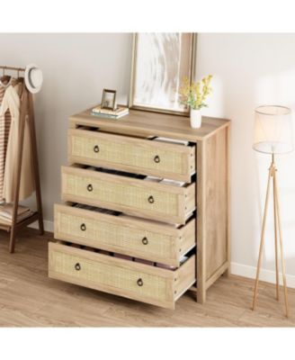 Dresser for Bedroom Rattan Chest of Dressers 29 in Tall Dresser for Closet with 3 Rattan Drawers Boho Night Stand Large Clothes Storage Cabinet
