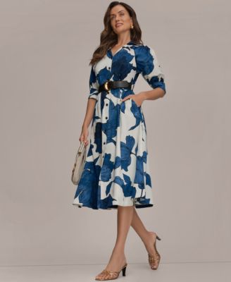 Women's Floral Belted A-Line Shirt Dress
