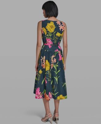 Women's Boat-Neck Belted Sleeveless Dress