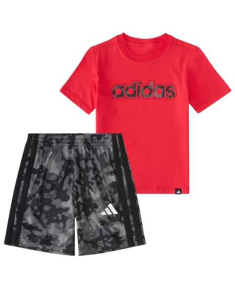 Комплект для мальчика adidas: футболка и шорты с принтом, 2 предмета, цвет: Красный / Серый
