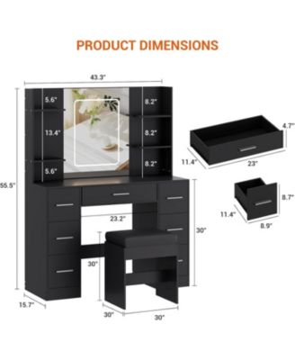 Black 7-Drawer Vanity Desk, Makeup Table with Touch-Control LED Light Mirror