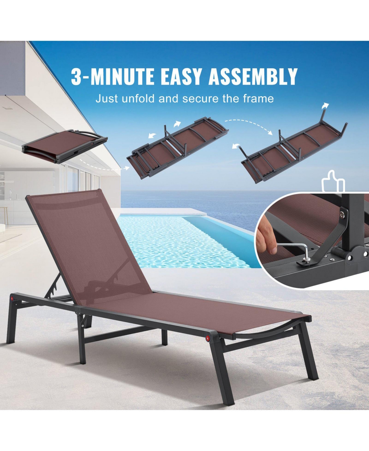 Slickblue Folding Aluminum Patio Chaise Lounge Chair for Pool and Beach