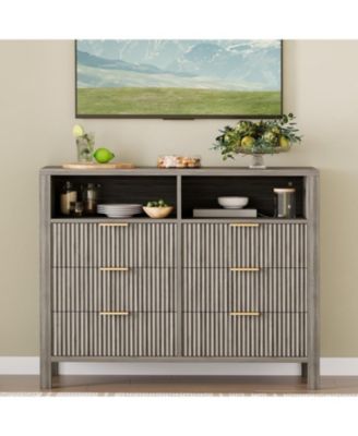 Modern 6-Drawer Double Dresser - 47'' Wide Fluted Wooden Chest of Drawers with 2 Open Shelves, Mid Century Storage Dresser Organizer
