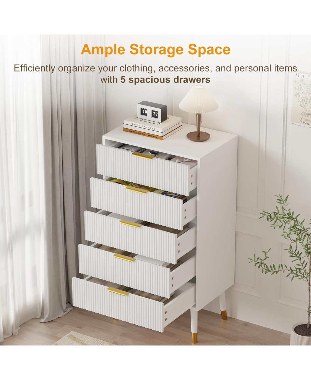 Gaomon 5-Drawer Modern Wooden Dresser for Bedroom, Chest of Drawers with Storage Cabinet Organizer Unit and Fluted Design