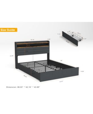 Queen Bed Frame with 4 Storage Drawers, LED Light, and Charging Station