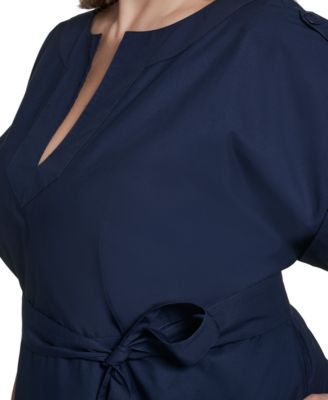 Plus Size Tie Waist Cap-Sleeve Shift Dress