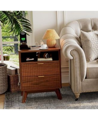 Fluted Wood Nightstand, 2-Drawer Bedside Table with USB Charging Station & Open Shelf