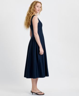 Women's Satin Fit And Flare Scoop Neck Midi Dress