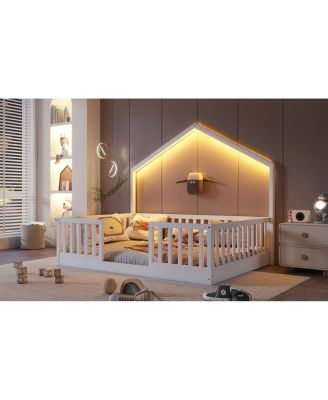 Full Floor Bed with High Rails, Wooden Montessori Bed with Light