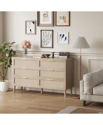 6 Drawer Rattan Dresser, 47.2'' x 15.7'' x 29.5'' Rattan Chest of Dressers, Mid Century Modern Dresser for Closet with Handles