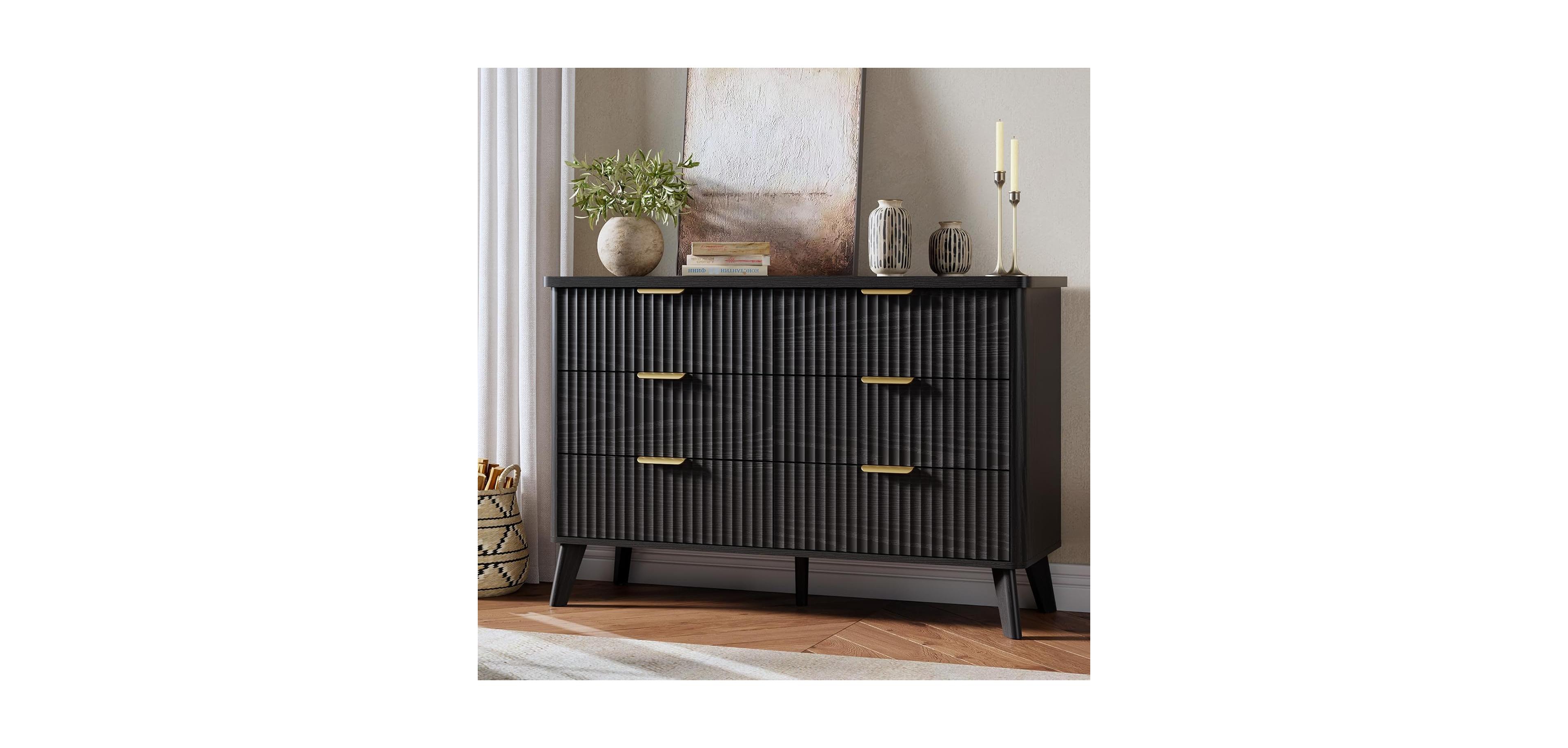 Gaomon 47.2" Fluted Dresser with 6 Deep Drawers and Faux Marble Top, Curved Profile Design, Modern Wooden Chest for Bedroom