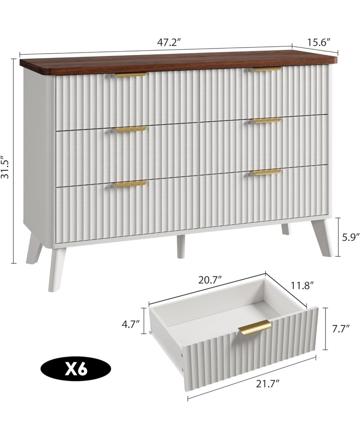 Gaomon 47.2" Fluted Dresser with 6 Deep Drawers and Faux Marble Top, Curved Profile Design, Modern Wooden Chest for Bedroom