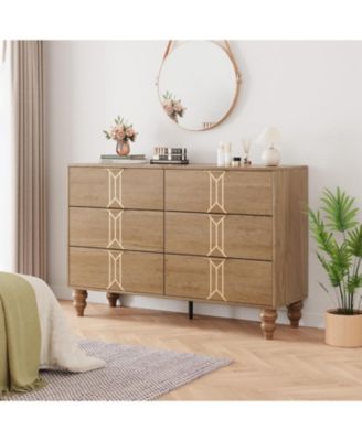 Modern Wooden 6 Drawer Dresser with Vintage Pattern Design, Chest Dresser with Deep Drawers for Bedroom, Living Room and Entryway