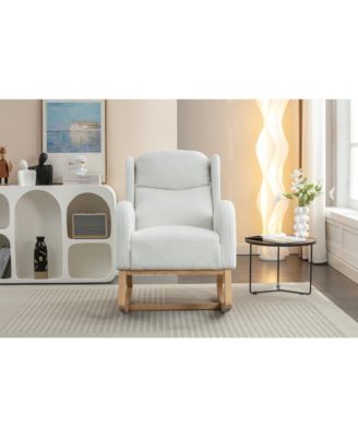 Ivory Teddy Fabric Rocking Chair with Wooden Frame Legs Built in Packet Ergonomic Backrest 300 LBS Capacity for Living Room Bedroom