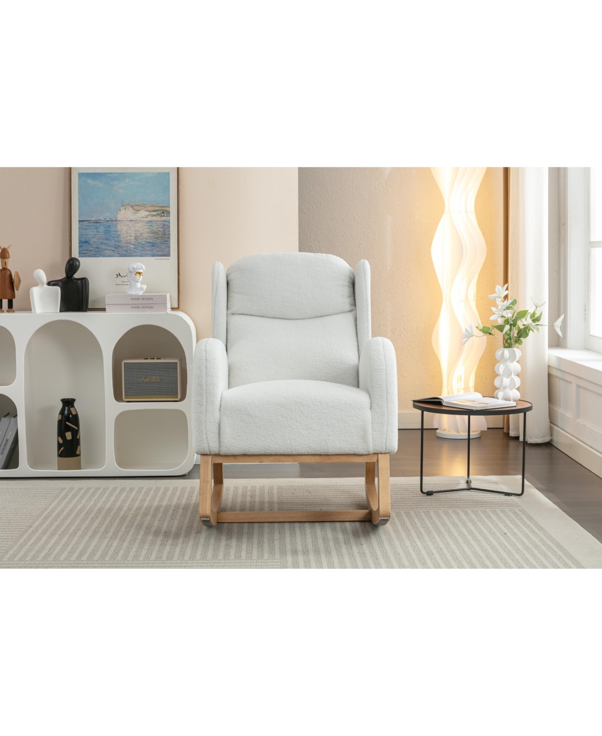 Flynama Ivory Teddy Fabric Rocking Chair with Wooden Frame Legs Built in Packet Ergonomic Backrest 300 Lbs Capacity for Living Room Bedroom