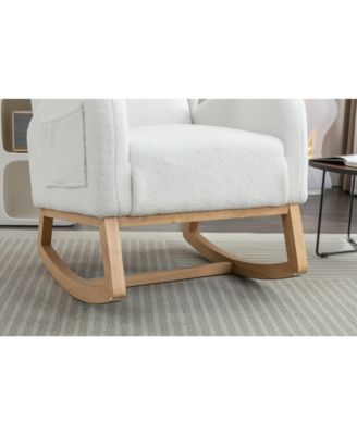 Ivory Teddy Fabric Rocking Chair with Wooden Frame Legs Built in Packet Ergonomic Backrest 300 LBS Capacity for Living Room Bedroom