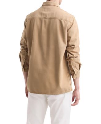 Men's Long-Sleeve Cotton Overshirt With Leather Pocket
