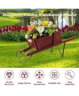 Wooden Wagon Planter Decorative Indoor/Outdoor Rustic Flower Cart with Wheel