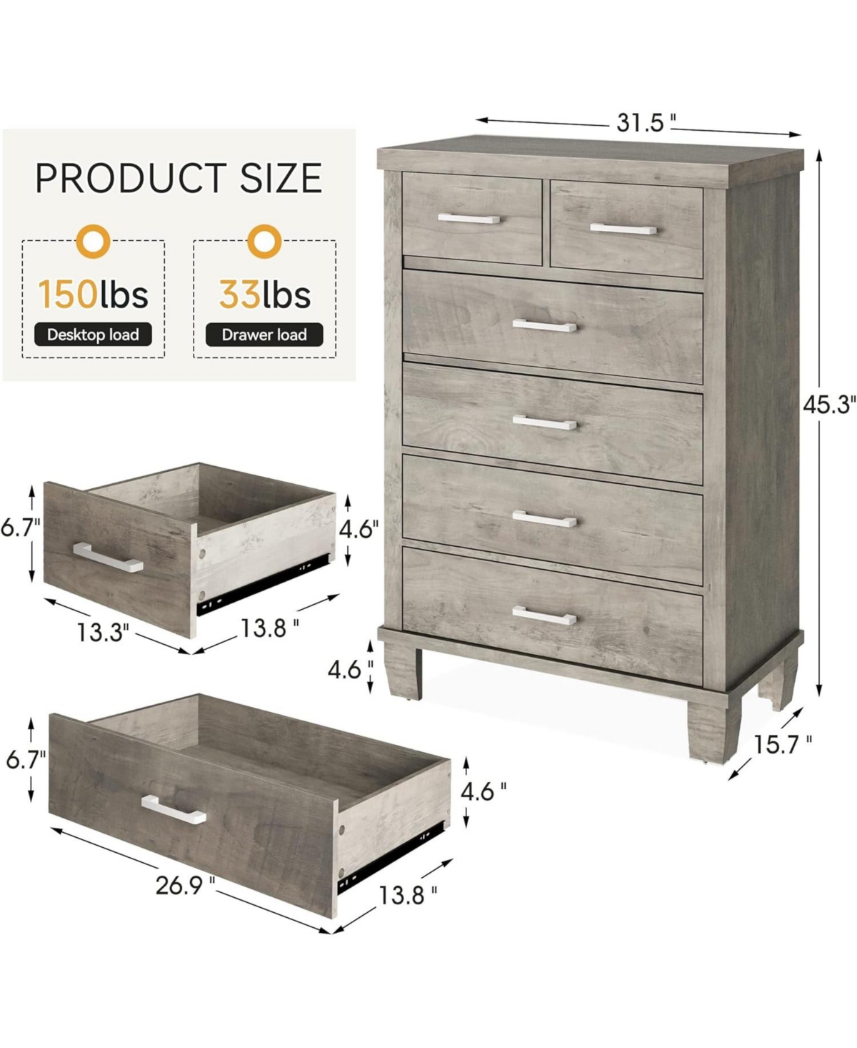 gaomon Dresser for Bedroom with 6 Drawers, 45'' Tall White Chests of Drawers Storage, Wooden Closet, Bedroom, Living Room