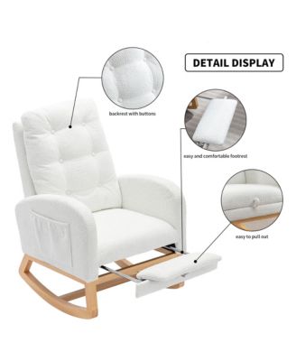 High Back Accent Rocking Chair with Footrest Rubber Wood Legs Side Storage Pocket for Bedroom Living Room Nursery