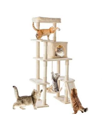 63in Cat Tree Tower: Large Multi-Story, Sisal Posts, Extended Platform, Hammock