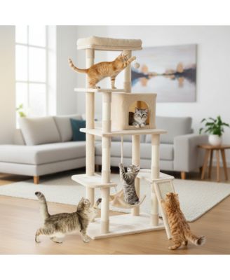 63in Cat Tree Tower: Large Multi-Story, Sisal Posts, Extended Platform, Hammock
