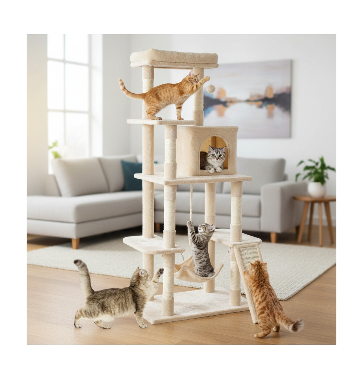 Zeus & Ruta 63in Cat Tree Tower: Large Multi-Story, Sisal Posts, Extended Platform
