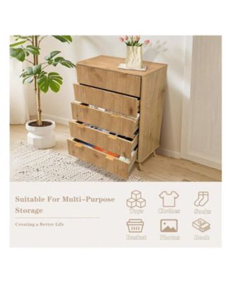 Tall 5-Drawer Wood Dresser, Waveform Fluted Panel Modern Chest of Drawers for Bedroom Clothes Storage