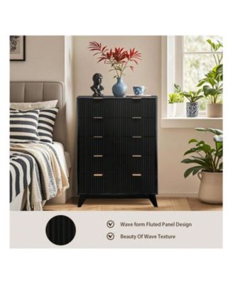 Tall 5-Drawer Wood Dresser, Waveform Fluted Panel Modern Chest of Drawers for Bedroom Clothes Storage