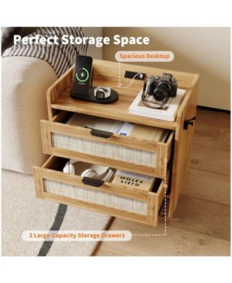 Set of 2 Walnut Brown Rattan Nightstands, 2-Drawer Bedside Table with Type-C Charging Station