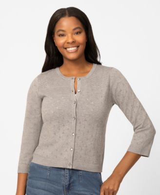 Petite Diamond Pointelle Button Crewneck Cardigan Sweater