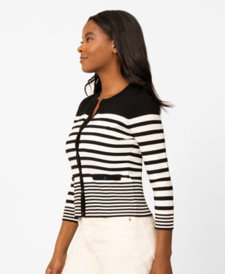 Petite Mixed Stripe Button Crewneck Cardigan Sweater