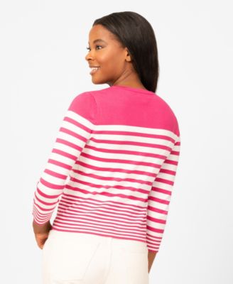 Petite Mixed Stripe Button Crewneck Cardigan Sweater