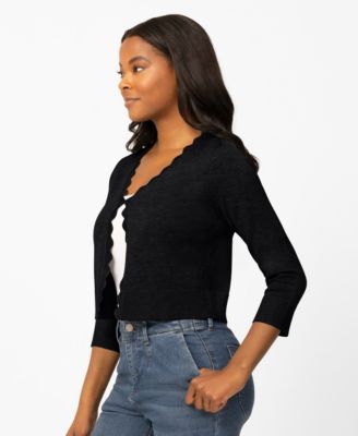 Women's 3/4-Sleeve Scalloped Cropped Cardigan Sweater