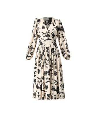 Women's V-Neck Midi Dress with Long Sleeves