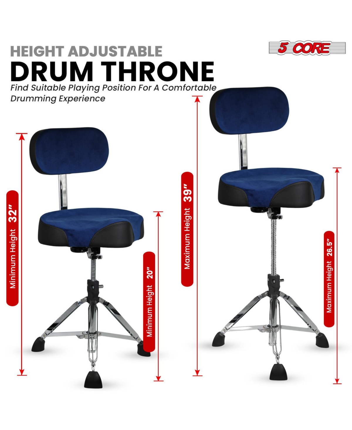 5 Core Drum Throne w Backrest 4" Padded Adjustable 26.5" Drummer Stool Velvet Top 441Lb Capacity