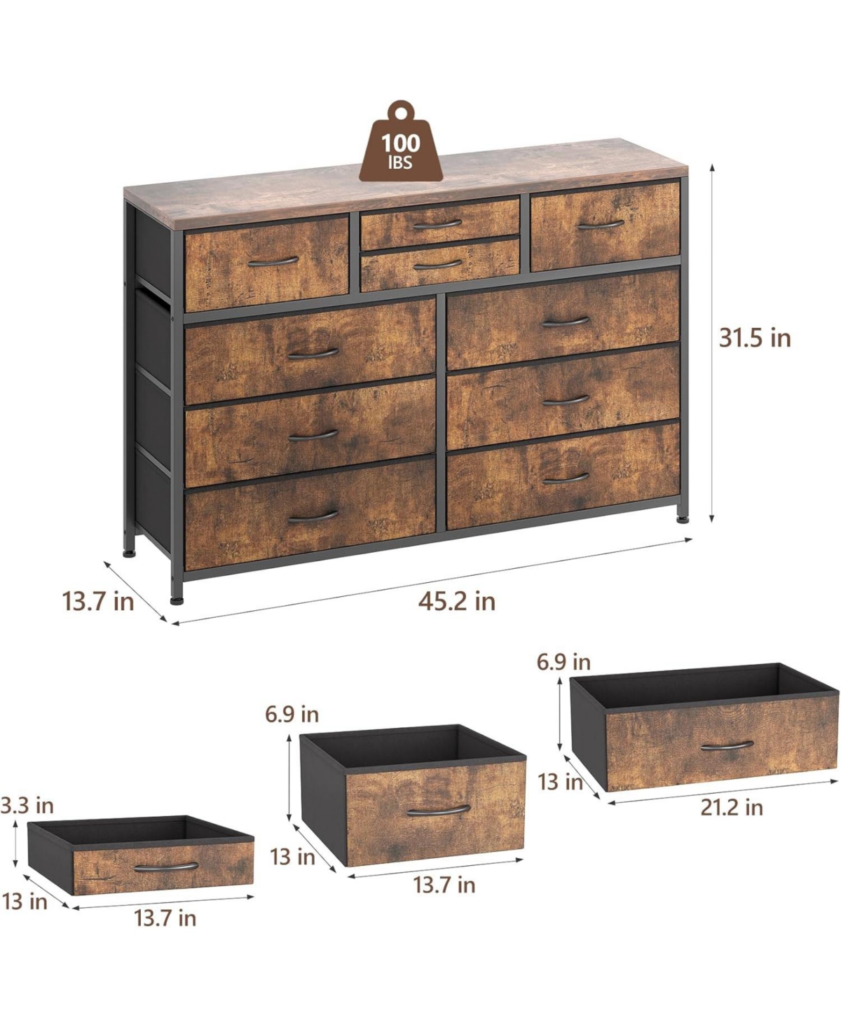 gaomon 10 Drawers Fabric Dressers for Bedroom, Modern Chest of Drawers, 45" Wide Tv Stand