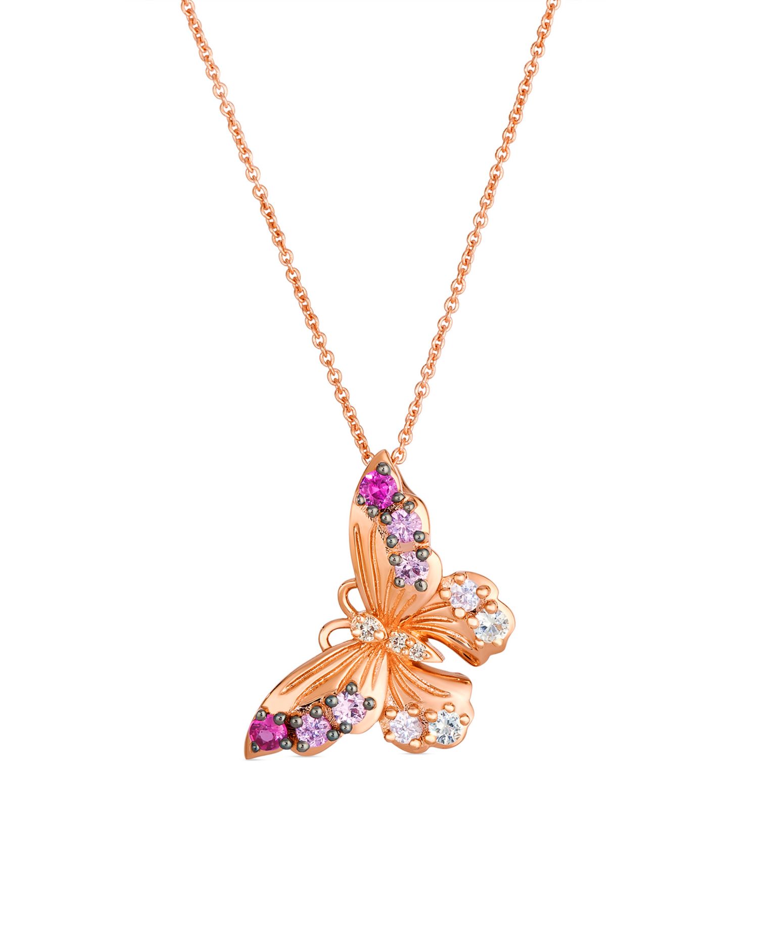 White Sapphire (2/25 ct. t.w.), Pink Sapphire (7/20 ct. t.w.) & Nude Diamond (1/5 ct. t.w.) Butterfly Pendant Necklace in 14k Strawberry Gold