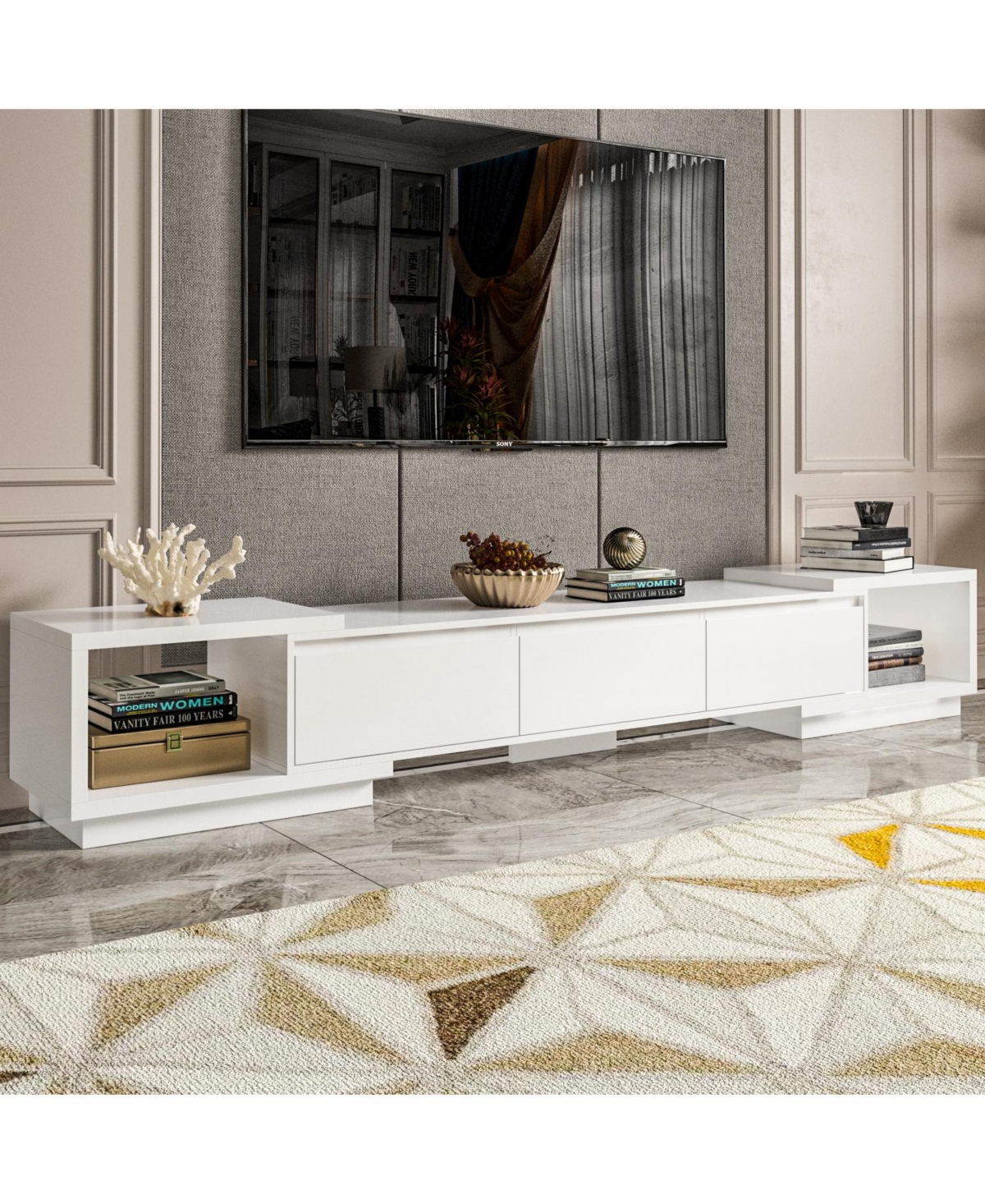 Tv stand with two doors and one drawer, media console with six fixed shelves, entertainment center in white wood