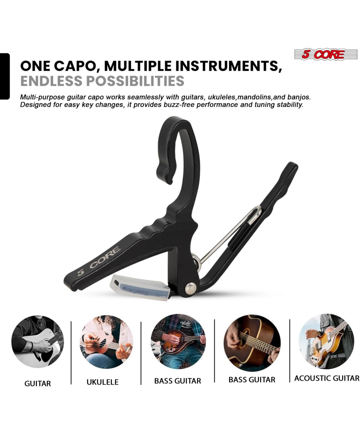 5 Core Guitar Capo Pair Quick Change Acoustic Electric String Clip Banjo Mandolin Or Ukulele Black