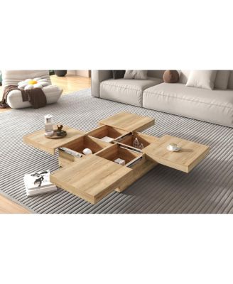 Square Veneer Coffee Table Sliding Top with Storage in Natural Wood Grain 39.4"