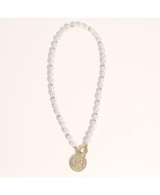 Pearl Necklace with Gold Coin Pendant & Toggle Clasp