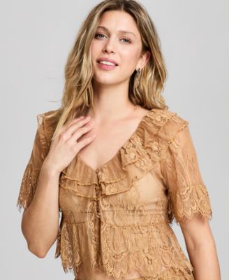 Women's Lace Short-Sleeve V-Neck Ruffle Woven Top