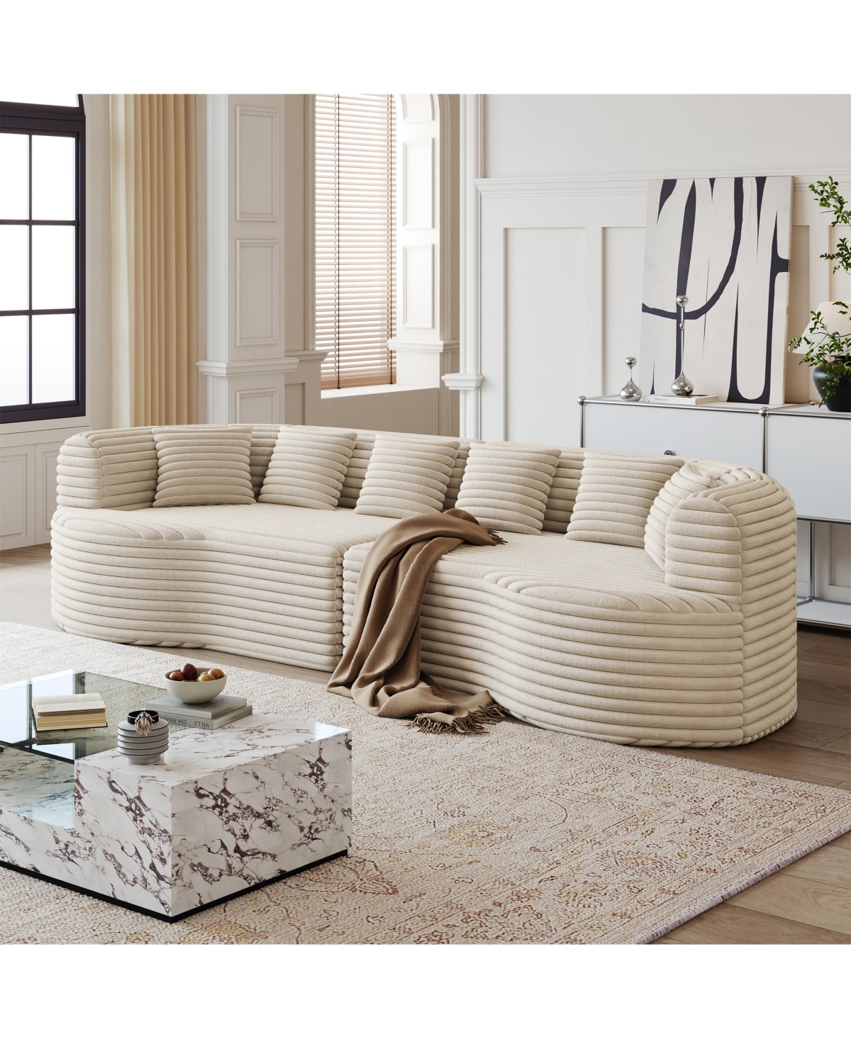 Clihome 106.3" Luxury Corduroy Sofa 4-Seater with 6 Cushions, Curved Sectional