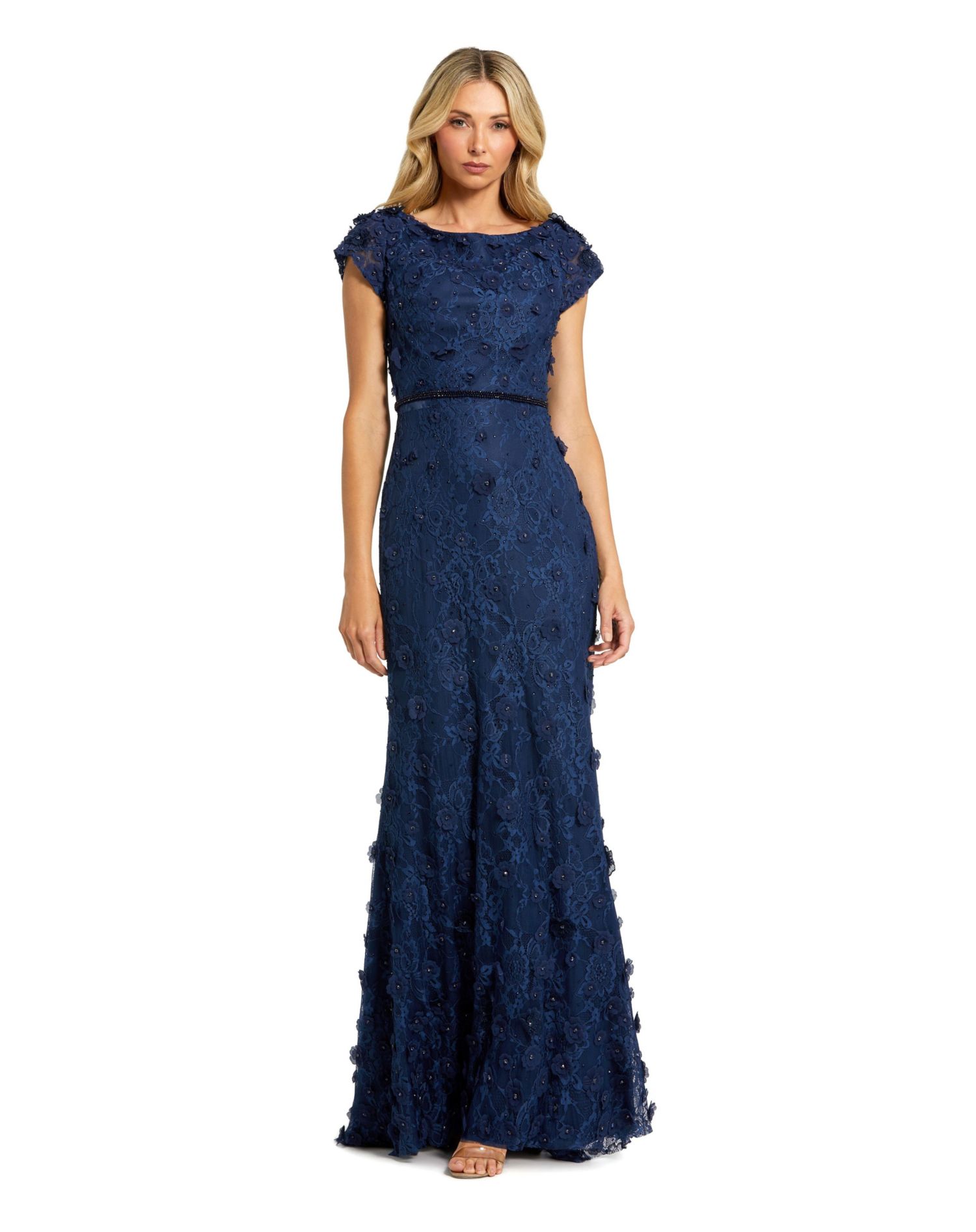 Women's Floral Applique Boat Neck Short Sleeve Gown